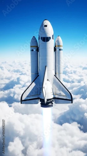 A white spacecraft ascends through fluffy clouds under a bright blue sky
