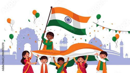 Indian children celebrating with flag, balloons, confetti, and traditional clothing in front of a cityscape