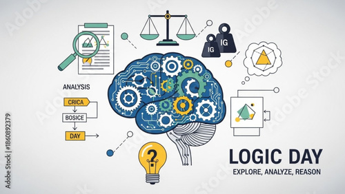 Brain with gears and lightbulb, analysis and logic concept, explore analyze reason, business strategy and innovation