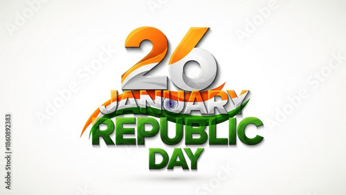Indian republic day celebration with 26 january text in orange, white and green colors on white background