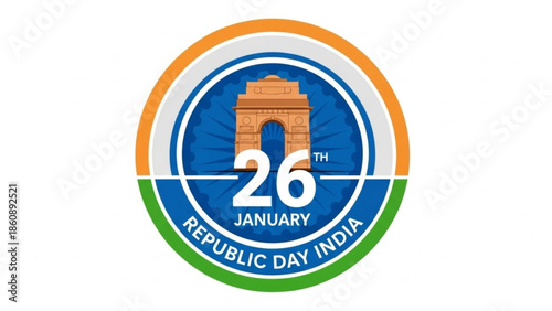 Republic day india 26th january celebration badge with india gate and tricolor background