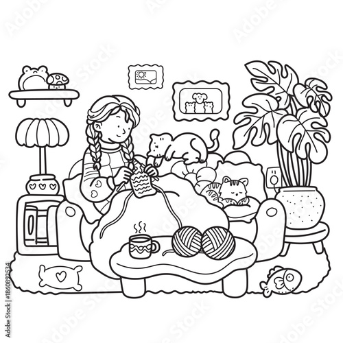 Cozy Girl Knitting Line Art Coloring Page