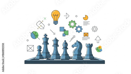Strategy board game with chess pieces and business planning icons floating above, representing corporate strategy and problem solving