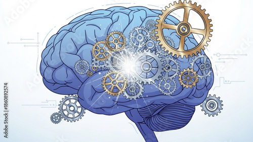 A blue brain with gears and cogs turning inside, representing creativity and innovation in business and technology, with a bright light in the center
