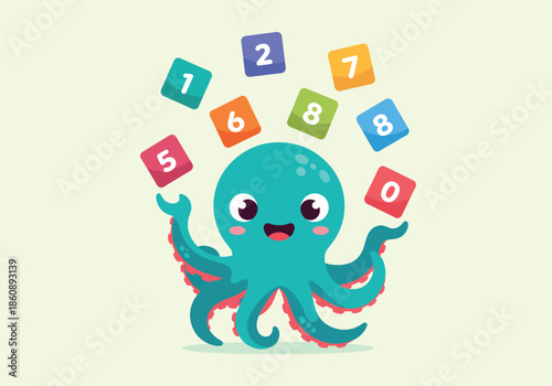 Cute Cartoon Octopus With Colorful Number Blocks.