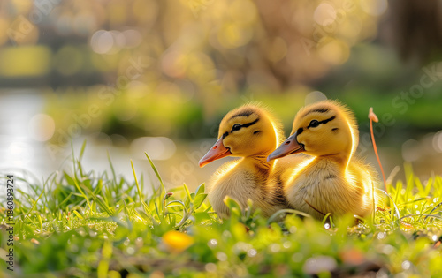  Close-up of cute yellow ducklings on lush green grass
