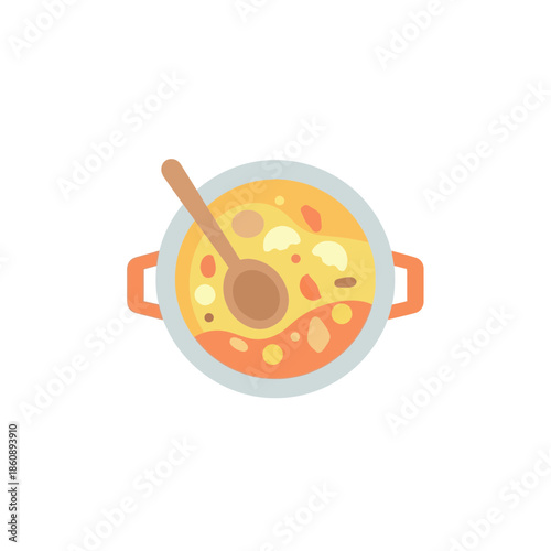 Delicious homemade soup in a pot with a spoon