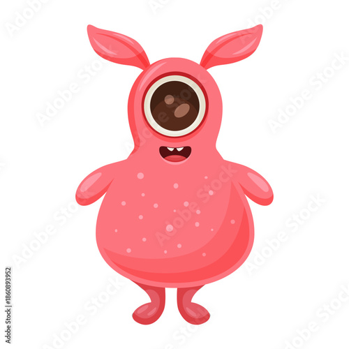 Cute pink cartoon monster waving happily, single large eye with heartshaped pupil, round spotted body, stubby