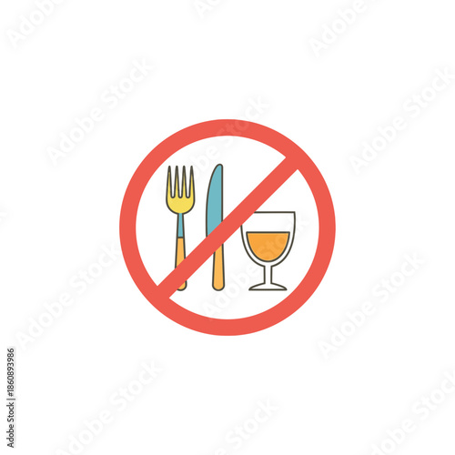 No eating or drinking allowed sign with utensils and glass