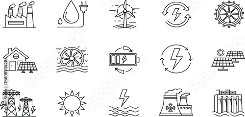 Renewable energy icons set featuring solar panels wind turbines hydrogen fuel cell biomass corn green technology sustainable power and eco industry.