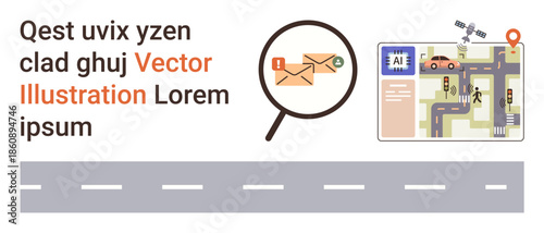 Data analysis, AI navigation, urban planning, smart traffic, email notifications, workflow. AI-powered map and magnified emails. Navigation and data analysis concepts
