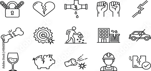 Broken Line Icon Set Featuring Damaged Objects Like Cracked Screens Fractured Hearts Shattered Glass Ruined Buildings Failed Security and Broken Bones