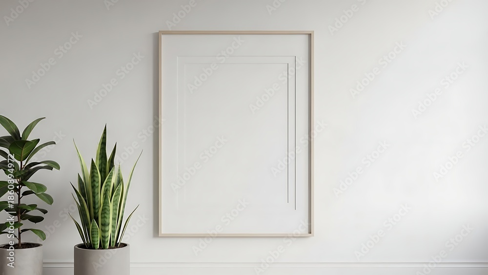Fototapeta premium Modern minimalist frame leaning against white wall with plants as decoration in bright empty room
