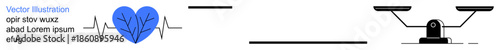 Health, wellness, balance, decision-making, healthcare, lifestyle choices. A blue heart with a heartbeat line next to a weighing scale. Health and wellness balance concept