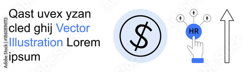 Business strategy, HR management, financial success, team leadership, career development, economic planning. A dollar symbol, HR button with a hand and upward arrow. Business strategy and HR