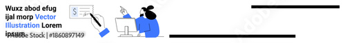 Digital workflows, online documentation, e-signatures, communication, business operations, teamwork. A person working on a computer and a hand holding a pen with paper. Digital workflows and online