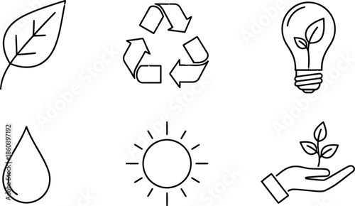 Environmental sustainability vector icon illustration set featuring natural elements isolated on white background