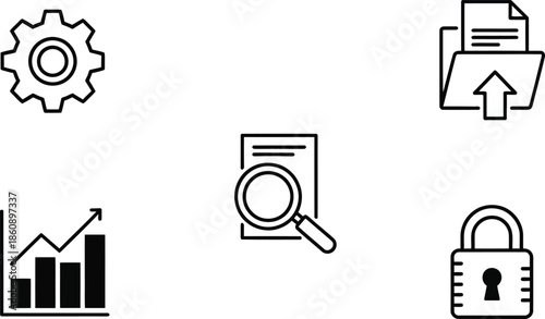 Five essential business technology and user interface vector line icons illustration isolated on white background