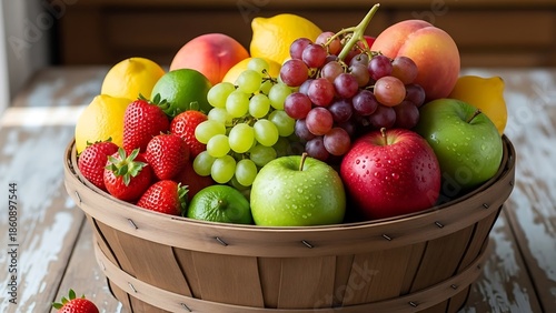 Colorful Fruit Basket with apples grapes strawberries and citrus on wooden table
