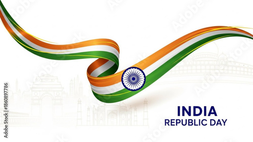Indian republic day celebration with tricolor ribbon and ashoka chakra symbol on white background with cityscape, india national pride and patriotism