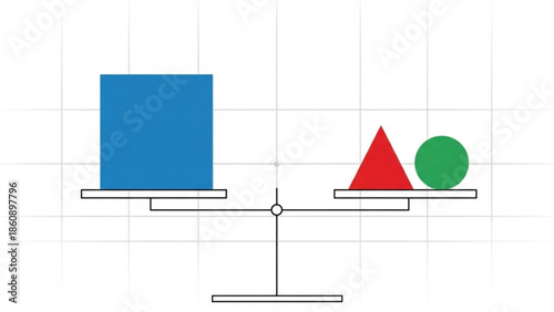 Balancing scales with geometric shapes in blue red and green on a seesaw