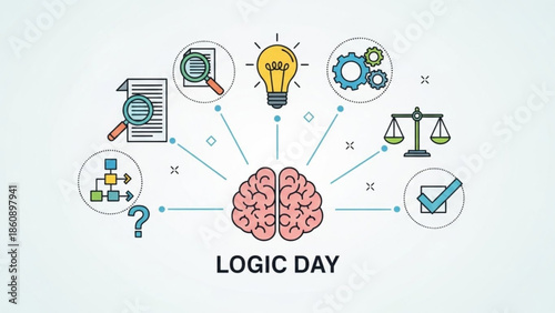 Logic day concept with brain and icons representing critical thinking, problem solving, and decision making skills