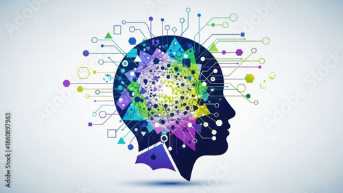 Human head silhouette with colorful abstract brain and circuit board elements on white background, representing artificial intelligence and technology
