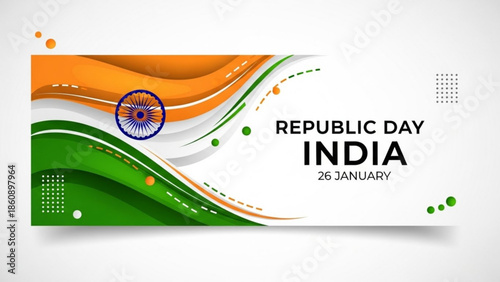 Indian republic day background with orange, white, and green abstract waves, ashoka chakra, january 26 text on white background