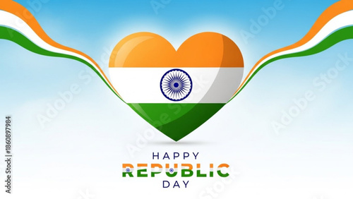 Indian republic day heart shaped flag illustration with ribbon and text happy republic day on white blue background