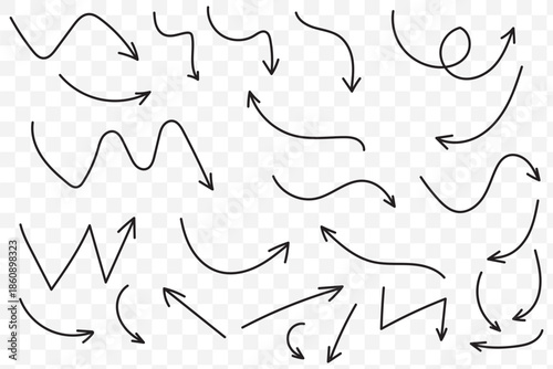 Squiggly red arrow set. Chalk elements in flat style. Doodle movement spiral arrows, scribble, lines. Hand drawn pencil brush for icon, children sketch. Vector illustration on white background.