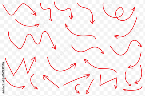 Squiggly red arrow set. Chalk elements in flat style. Doodle movement spiral arrows, scribble, lines. Hand drawn pencil brush for icon, children sketch. Vector illustration on white background.
