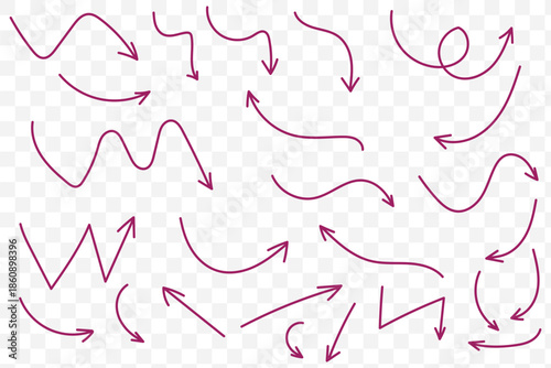 Squiggly red arrow set. Chalk elements in flat style. Doodle movement spiral arrows, scribble, lines. Hand drawn pencil brush for icon, children sketch. Vector illustration on white background.