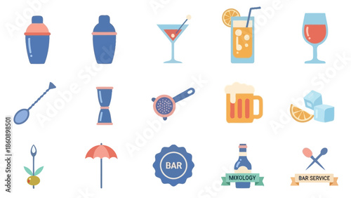 A collection of flat design icons depicting various bar tools, cocktail ingredients, and drinkware for mixology and beverage service.