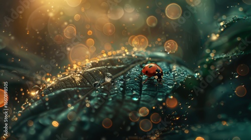Small Ladybug Crawling on a Dark Green Leaf Covered in Fresh Water Droplets with Golden Light Bokeh and Magical Atmosphere