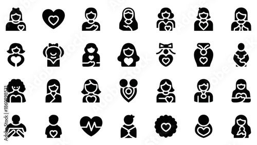 A collection of black silhouette icons depicting women, mothers, and hearts, symbolizing love, care, and family.