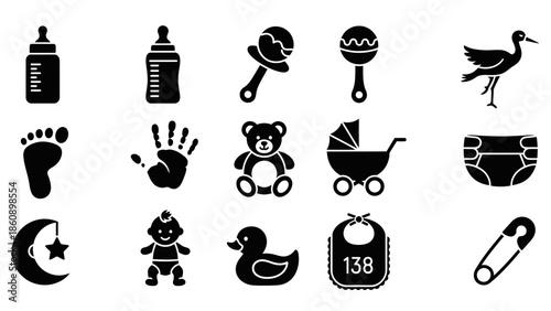 Collection of black silhouette baby icons including bottles, rattles, stork, footprint, handprint, teddy bear, stroller, diaper, moon, baby, duck, bib, and safety pin.