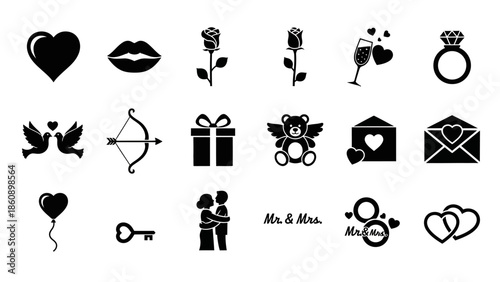 A comprehensive collection of black and white vector icons representing love, romance, and wedding themes, perfect for various design projects and celebrations.
