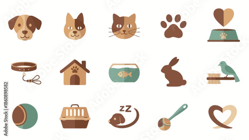 Flat design pet care icons including dog, cat, rabbit, bird, fish, and various pet accessories.