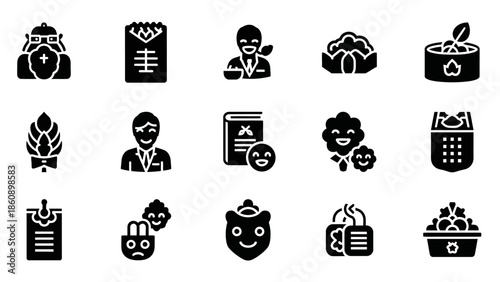 A comprehensive set of fifteen solid black glyph icons representing culinary themes, healthy eating, people, and various emotional states.