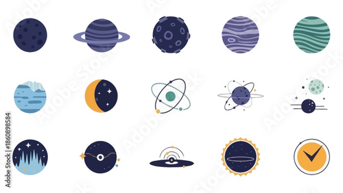 A collection of flat design icons representing various celestial bodies, planets, atoms, and space elements, perfect for astronomy and science themes.