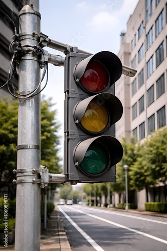 Street traffic light with red, yellow, and green signals illuminated, regulating vehicle and pedestrian flow on an urban street with buildings in the background