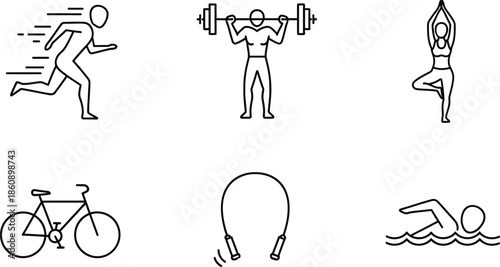 Six fitness and sports vector outline icon illustration set for active lifestyle and health isolated on white background