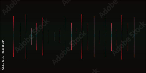 Abstract digital sound equalizer visualization with red and dark green vertical bars on a black background, representing audio waves or data.