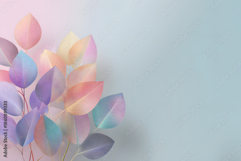 Fototapeta premium Delicate pastel leaves on soft blue background