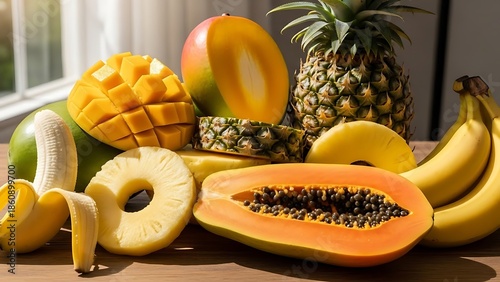 Assorted Tropical Fruits on Wooden Surface