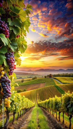Landscape with vineyards at sunset
