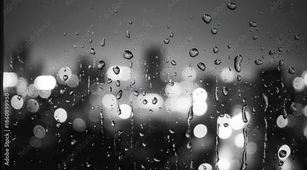 Obraz premium Raindrops on a window, blurred city lights