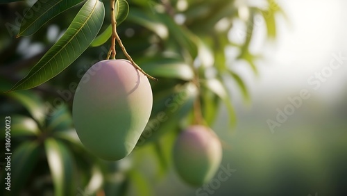 Mangoes Ripening on Branch in Orchard