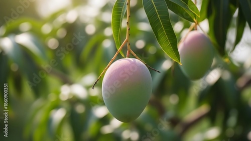 Ripe Mango on Branch in Sunlit Orchard