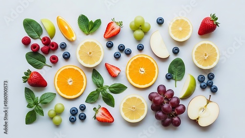 Fresh Citrus and Fruit Assortment with Leaves on Light Background